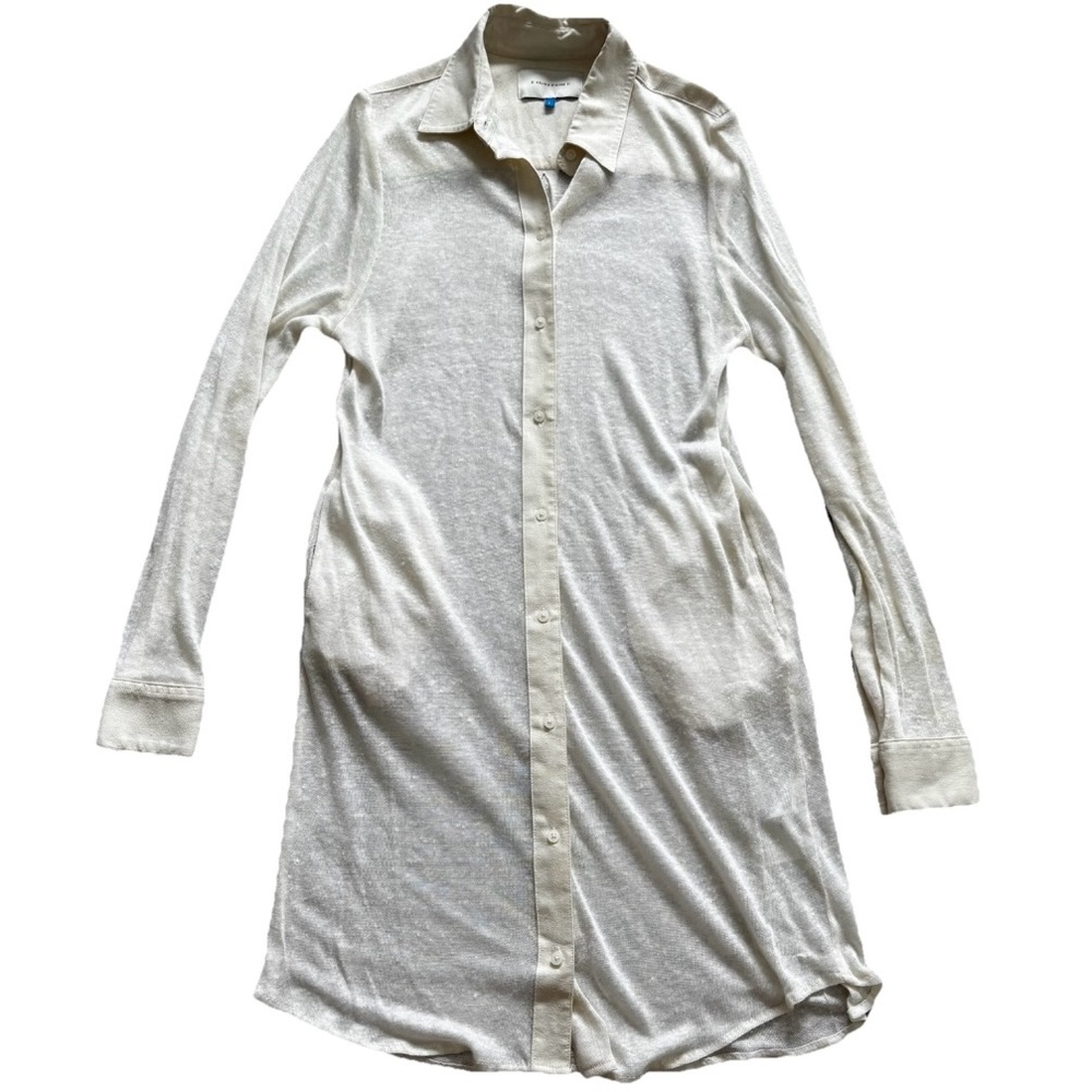 SOLID AND STRIPED SHEER Button-Up Long Sleeve Shirt Dress W/ Pockets Size Large - Picture 5 of 6